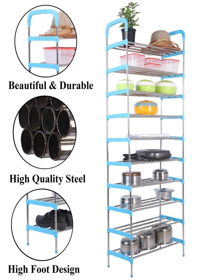 Three Secondz Rust-Free Stainless Steel Adjustable Multipurpose Stand for Kitchen Storage/Microwave & OTG Rack/Shoe Rack/Bathroom Stand/Office Organizer/Bookshelf (10 Rows, Blue) - Image 3